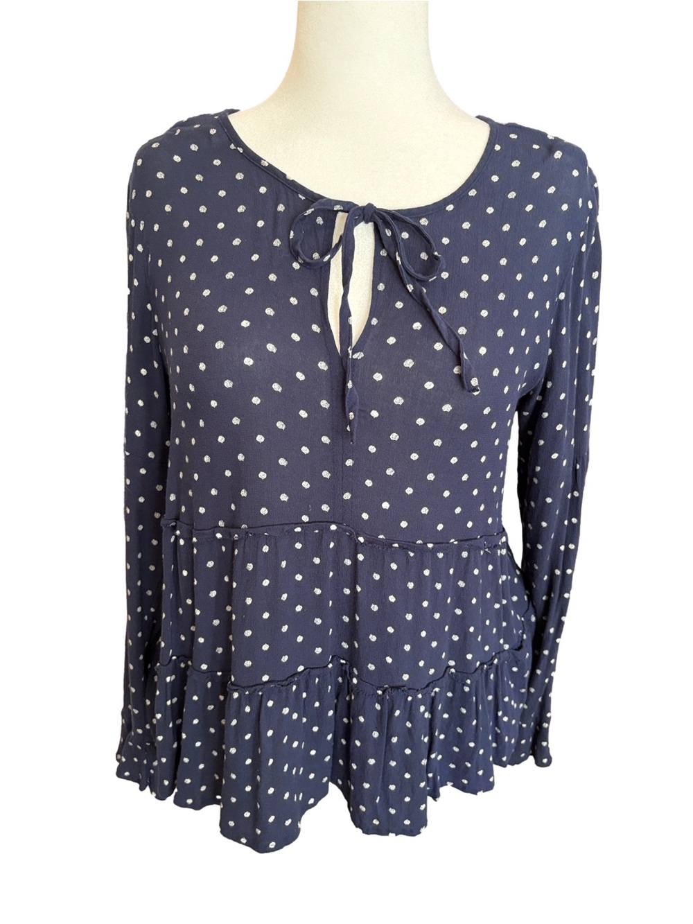 Lucky Brand Navy Polka Dot Tie-Neck Tiered Long-Sleeve Top size L flirty coquett